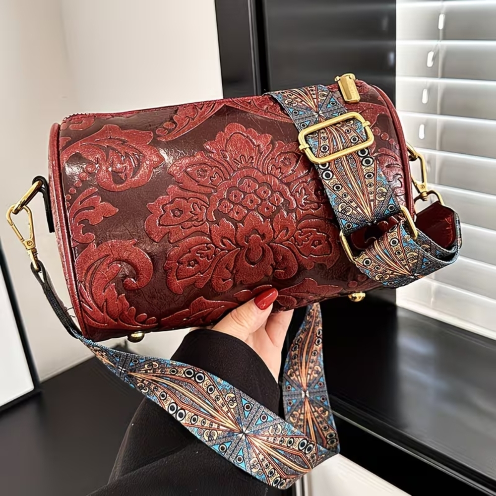Vegan Leather Elegant Floral Embossed Wine Bbaand Blue Women's Bag
